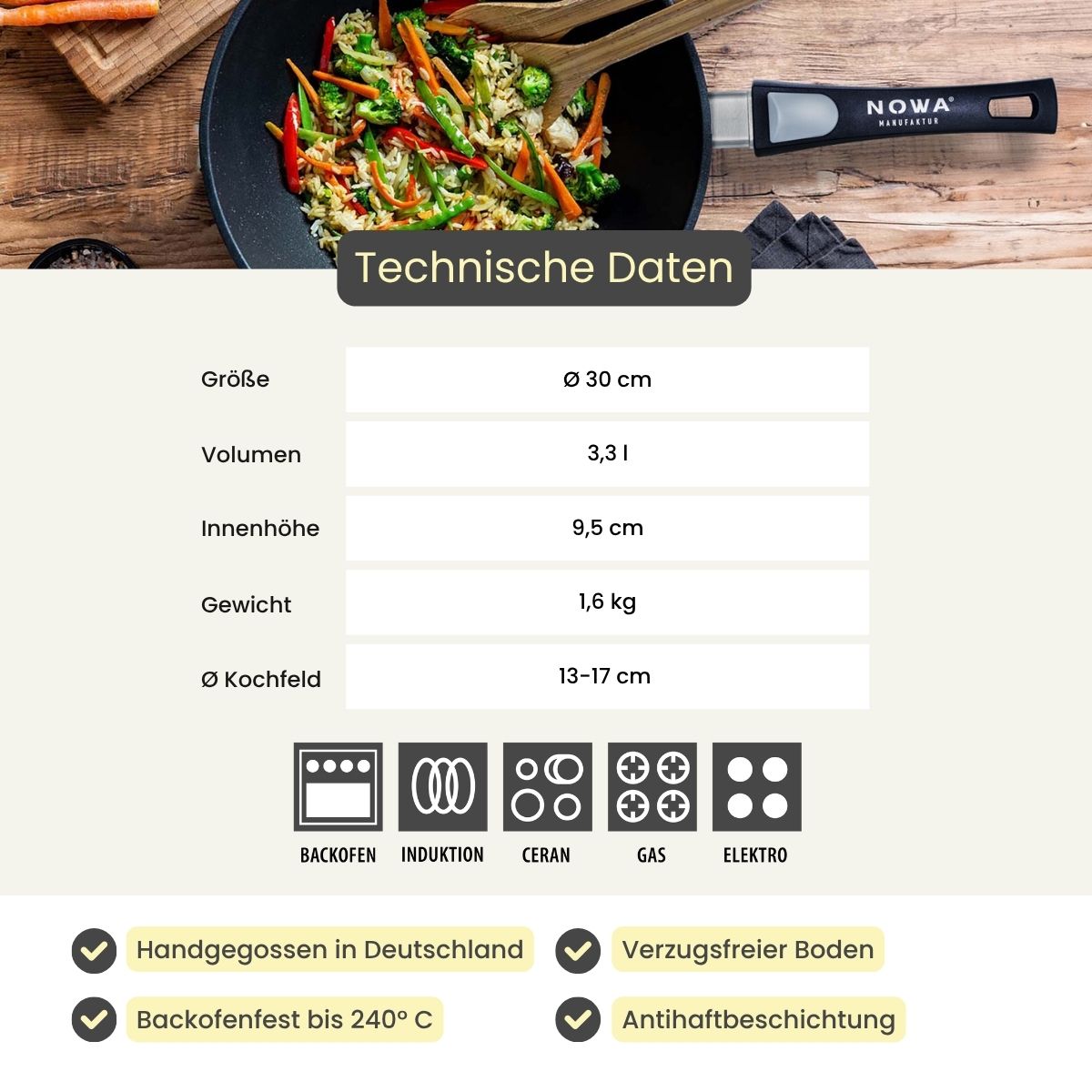 Guss Wok mit Stiel Ø 30cm