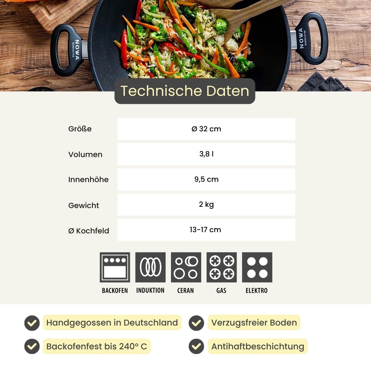 Guss-Wok Ø 32 cm mit 2 Griffen
